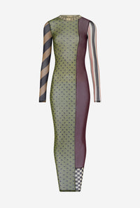 Mesh Long Dress With Patchworks In Printed Mesh - Multicolor