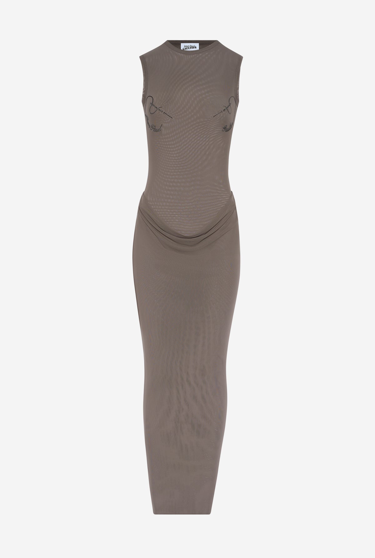 Mesh Double Layers Long Dress Embroidered "Needles Jean Paul Gaultier" - Darkgrey