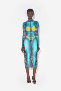 La Robe Midi Imprimée Dots Bleue - Blue & Purple & Yellow