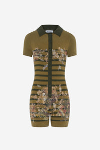 Cotton Pique Polo Neck Overall Printed "Mariniere Grape" - Khaki & Multicolor