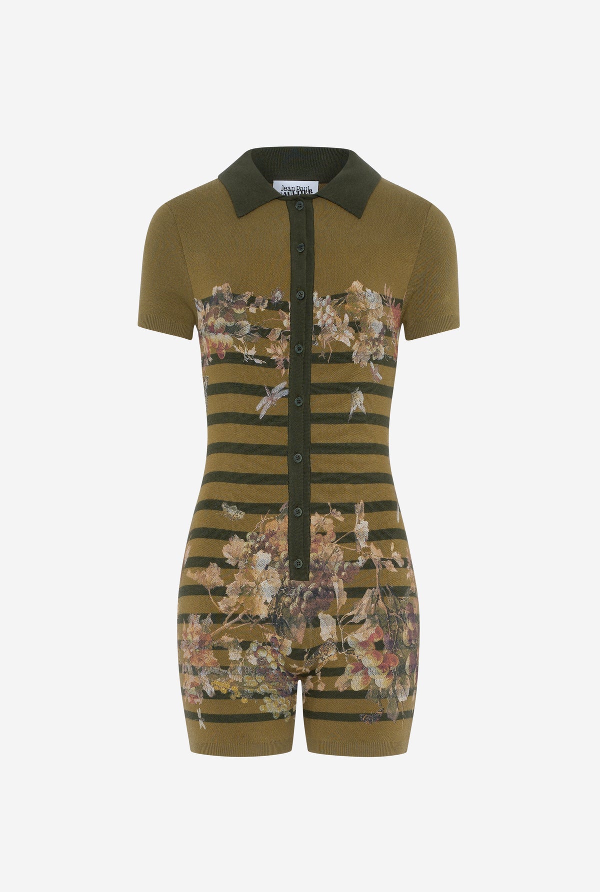 Cotton Pique Polo Neck Overall Printed "Mariniere Grape" - Khaki & Multicolor