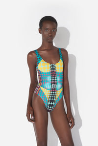 Maillot De Bain Une Pièce Imprimé Dots Bleu.
 - Blue & Purple & Yellow