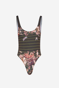 Swimsuit Printed "Marinière Grape" - Khaki & Multicolor