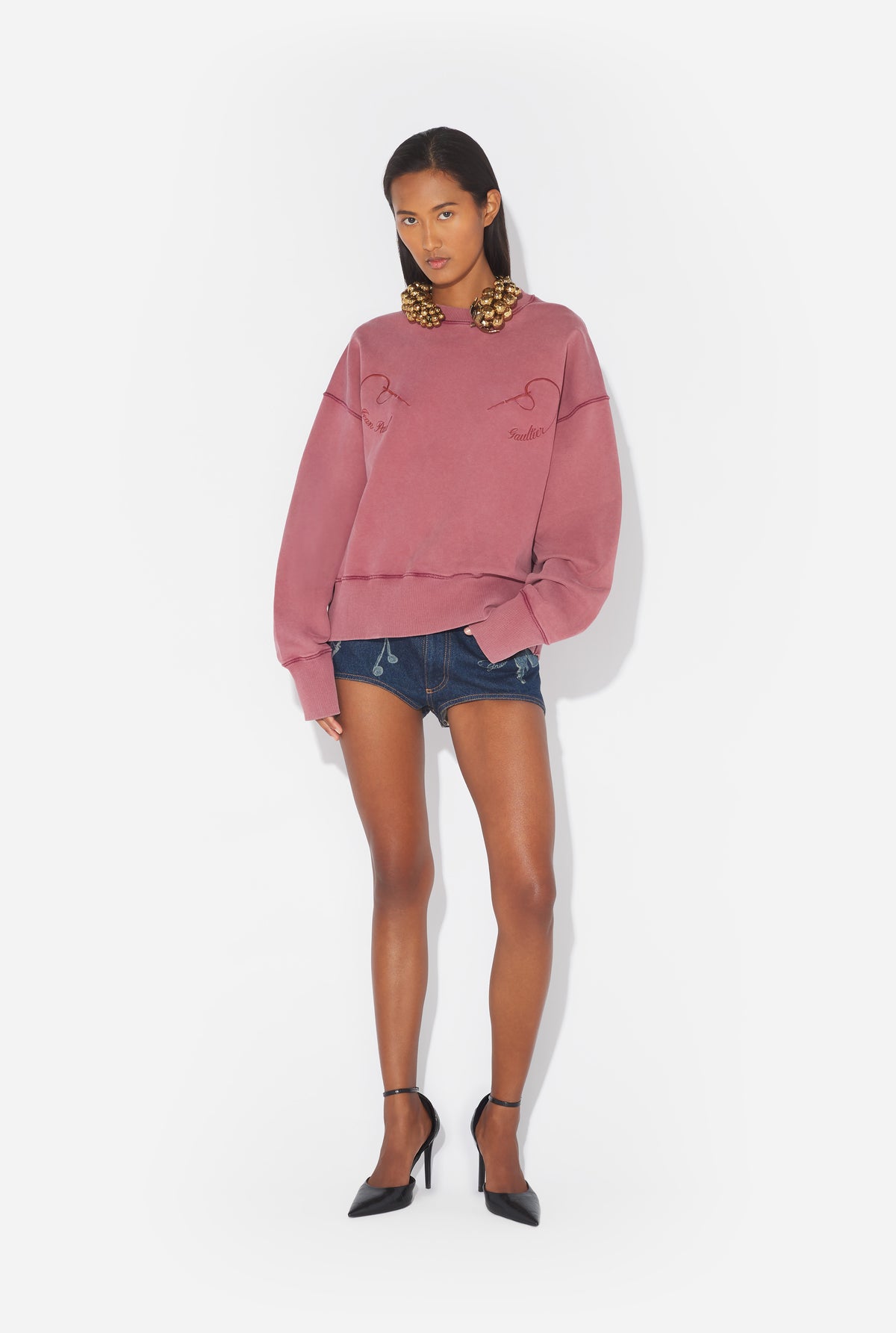Fleece Sweatshirt Embroidered "Needles Jean Paul Gaultier" - Burgundy