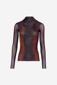 Mesh High Neck Long Sleeves Top Printed "Python" - Brown & Black