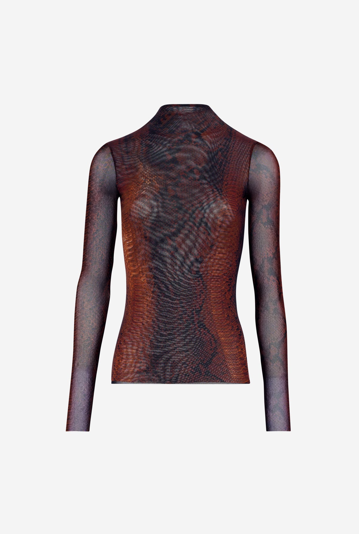 Mesh High Neck Long Sleeves Top Printed "Python" - Brown & Black