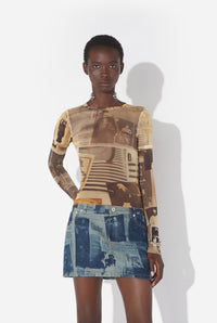 Mesh Double Sleeves Baby Tee Printed "Journal" - Ecru & Lightgrey & Red