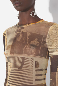 Mesh Double Sleeves Baby Tee Printed "Journal" - Ecru & Lightgrey & Red