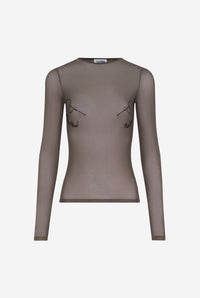 Mesh Crewneck Long Sleeves Top Embroidered "Needles Jean Paul Gaultier" - Darkgrey