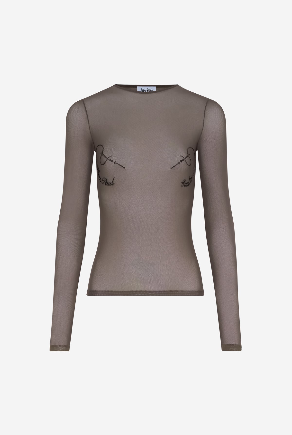 Mesh Crewneck Long Sleeves Top Embroidered "Needles Jean Paul Gaultier" - Darkgrey