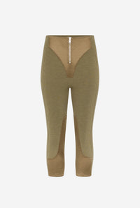 Merino Wool Rib 2X2 Mixed With "Lingerie" Satin Cut Out Capri - Khaki