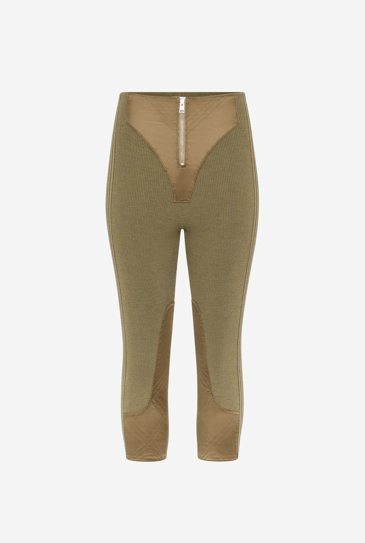 Merino Wool Rib 2X2 Mixed With "Lingerie" Satin Cut Out Capri - Khaki