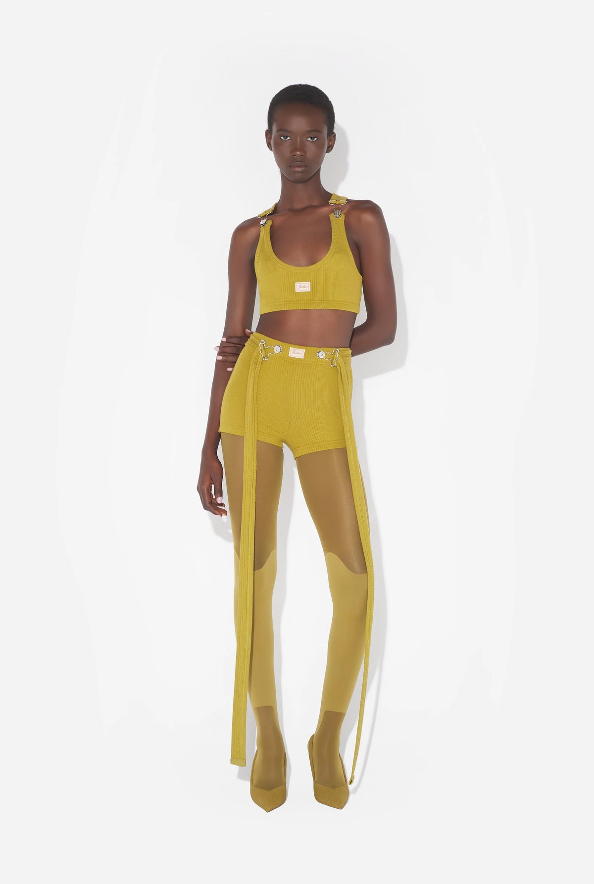 Cotton Ribbed Short With "Gaultier" Patch And Overall Buckles - Green