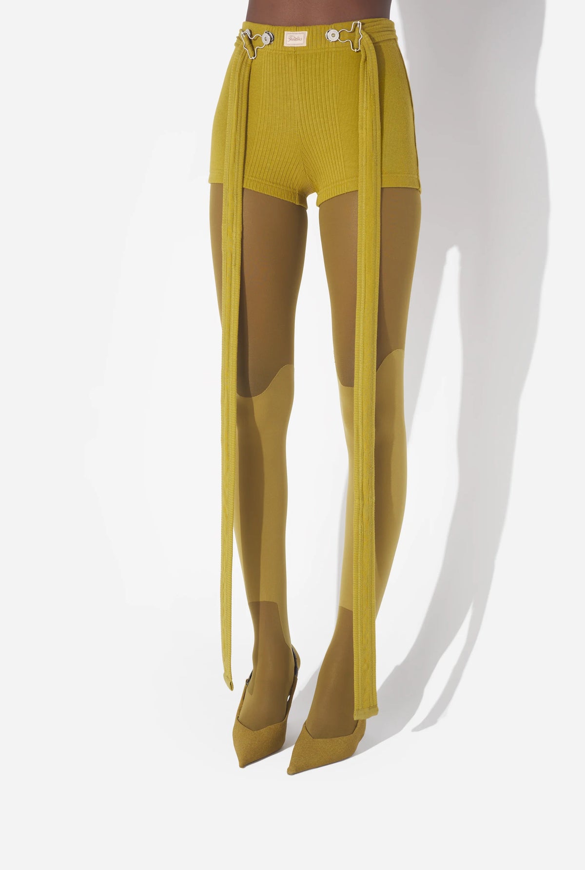 Cotton Ribbed Short With "Gaultier" Patch And Overall Buckles - Green