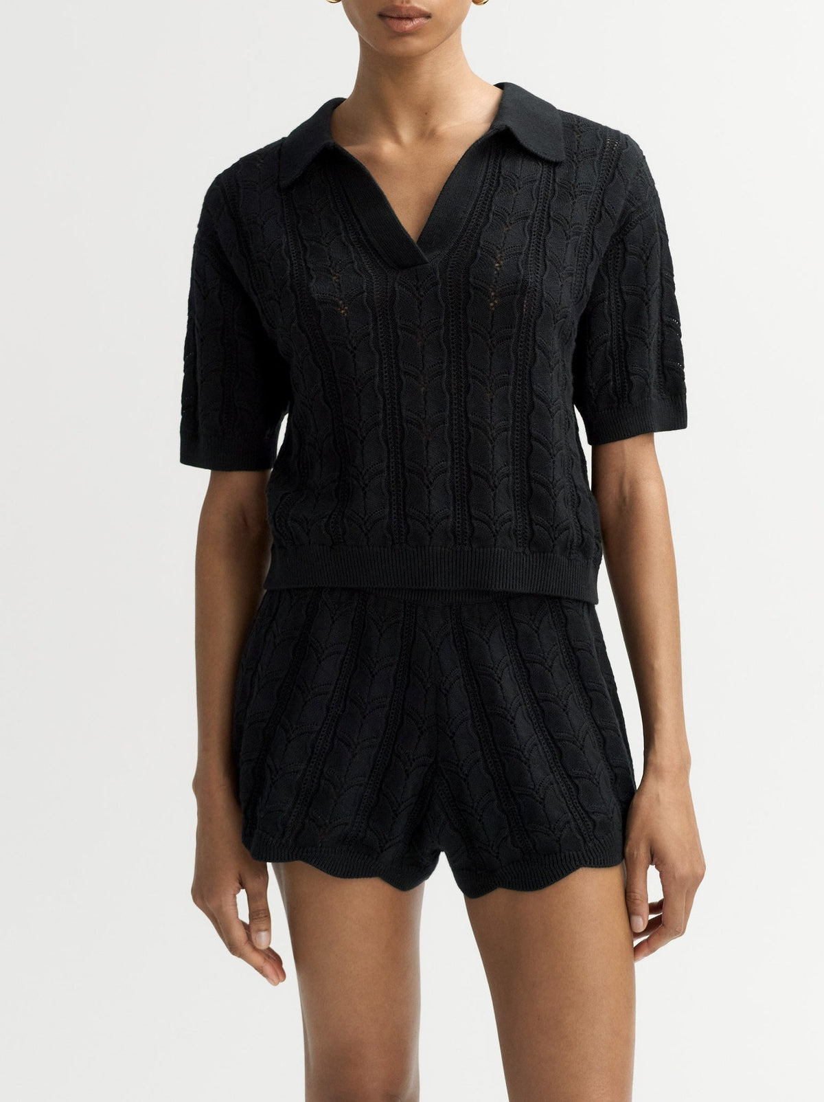Crocheted cotton polo shirt - Black