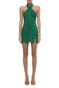 Robe mini dos-nu croisée en cuir - Emerald Green