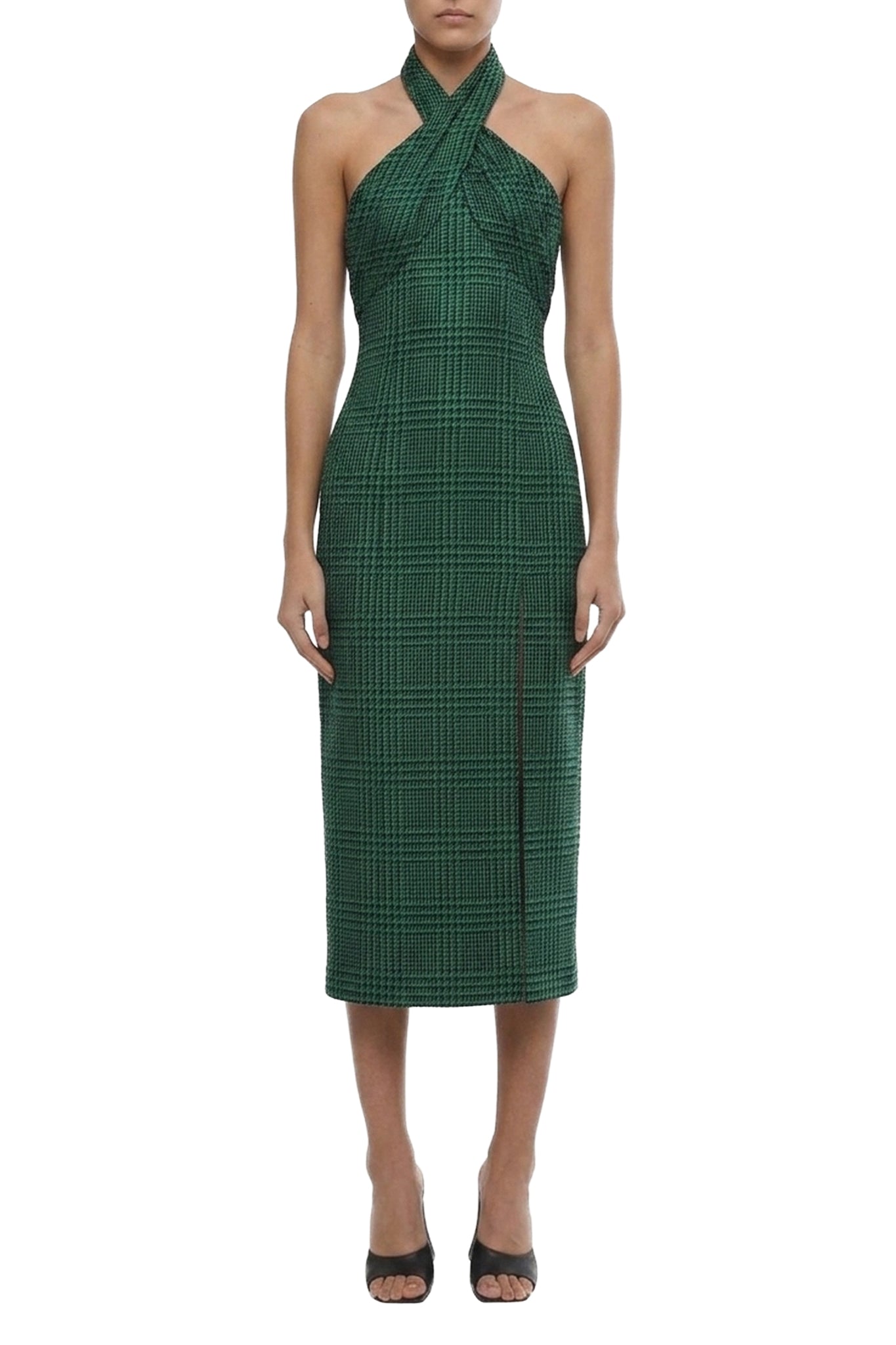 Robe midi imprimé Prince de Galles en laine - Emerald Green