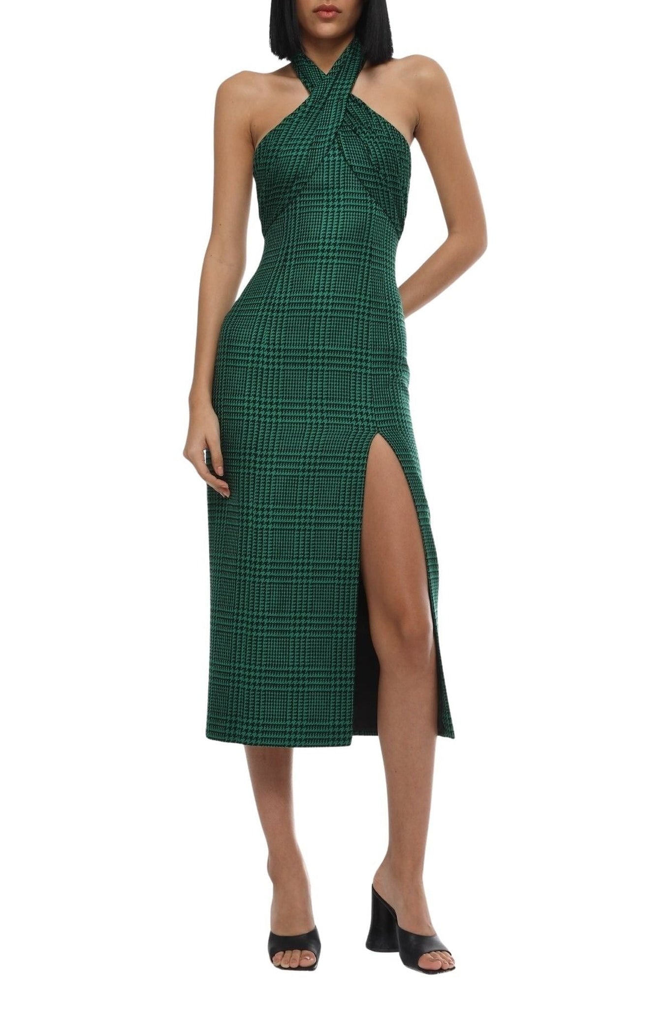 Robe midi imprimé Prince de Galles en laine - Emerald Green