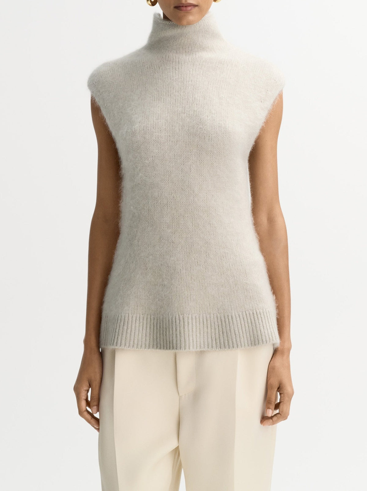 Brushed cashmere roll-neck vest top - Beige