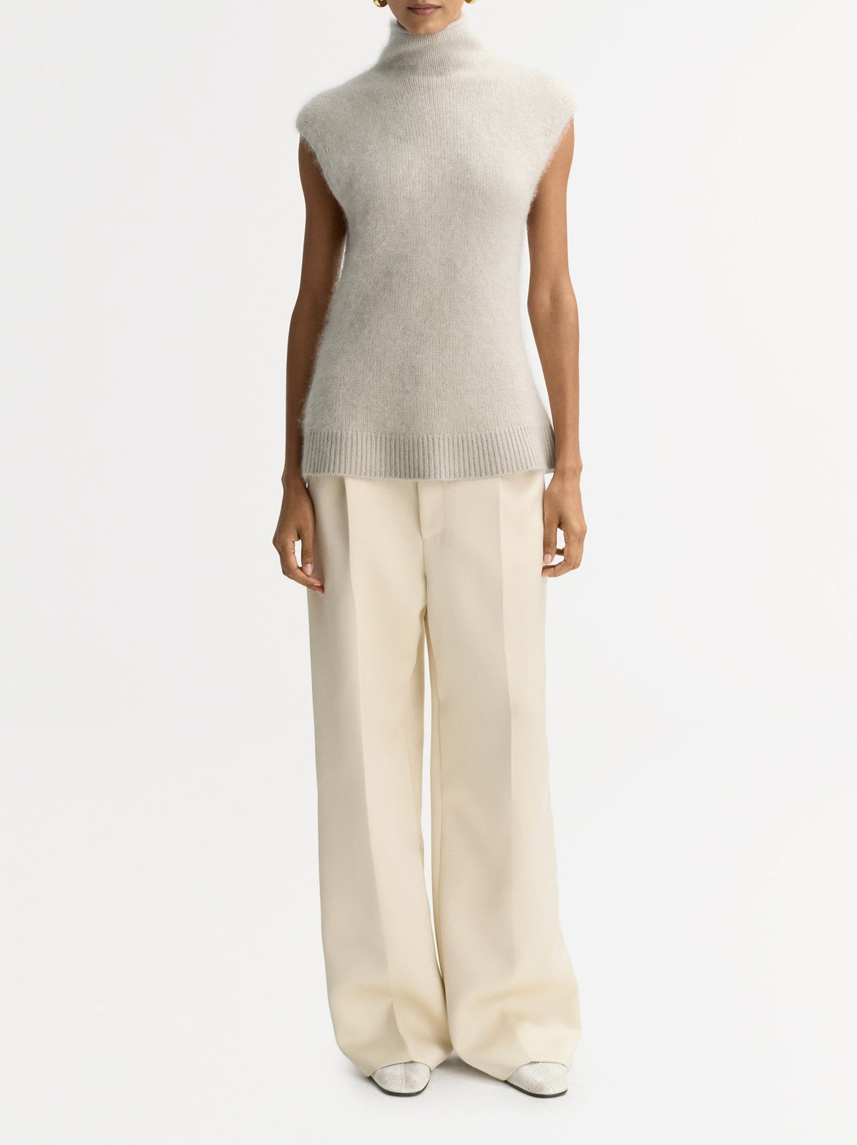 Brushed cashmere roll-neck vest top - Beige