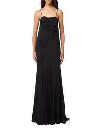 Robe longue à fleurs brodées en soie - Noir