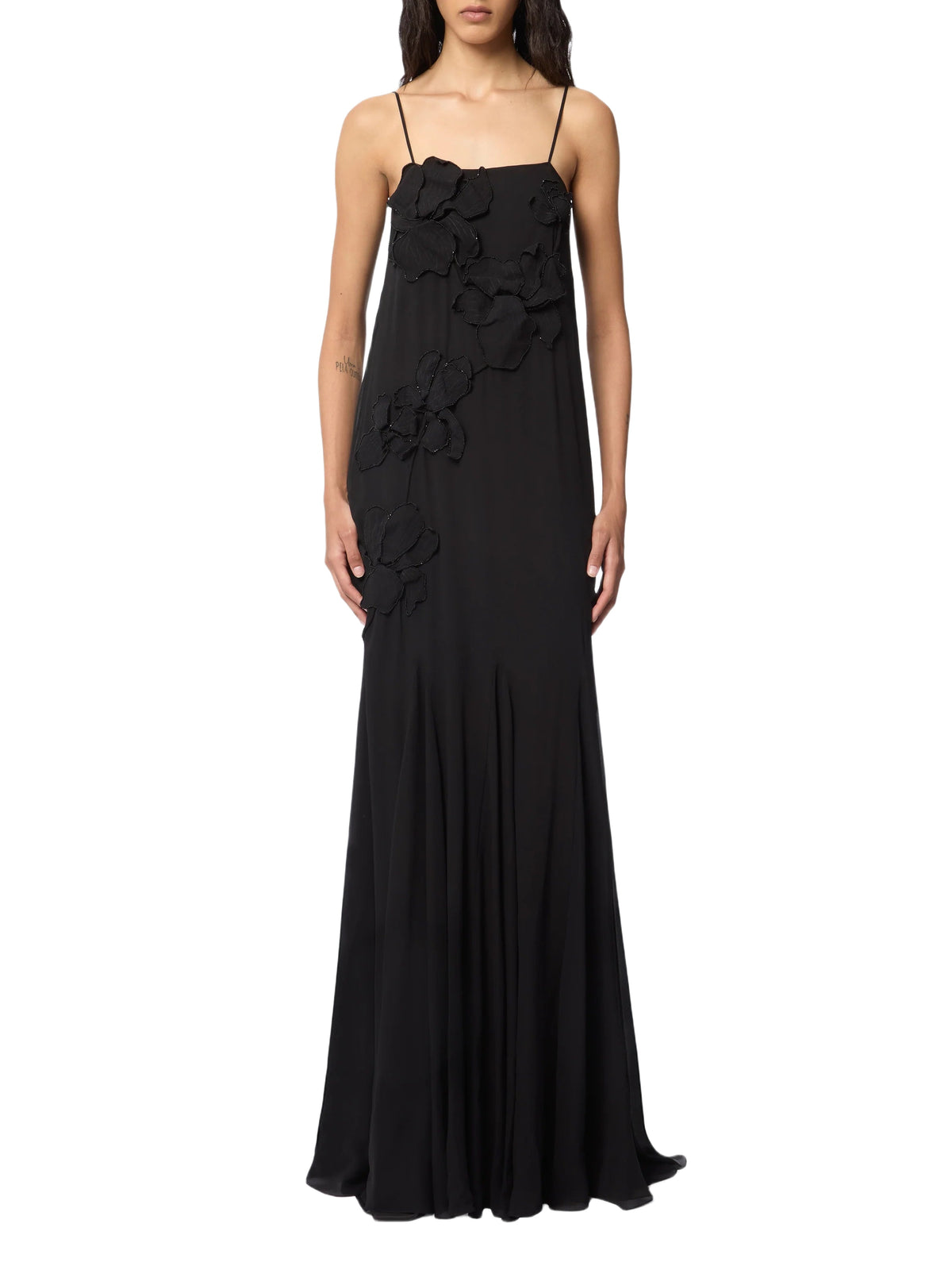 Robe longue à fleurs brodées en soie - Noir
