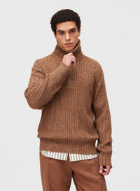 CLAY RIBBED ZIP UP MOCK NECK