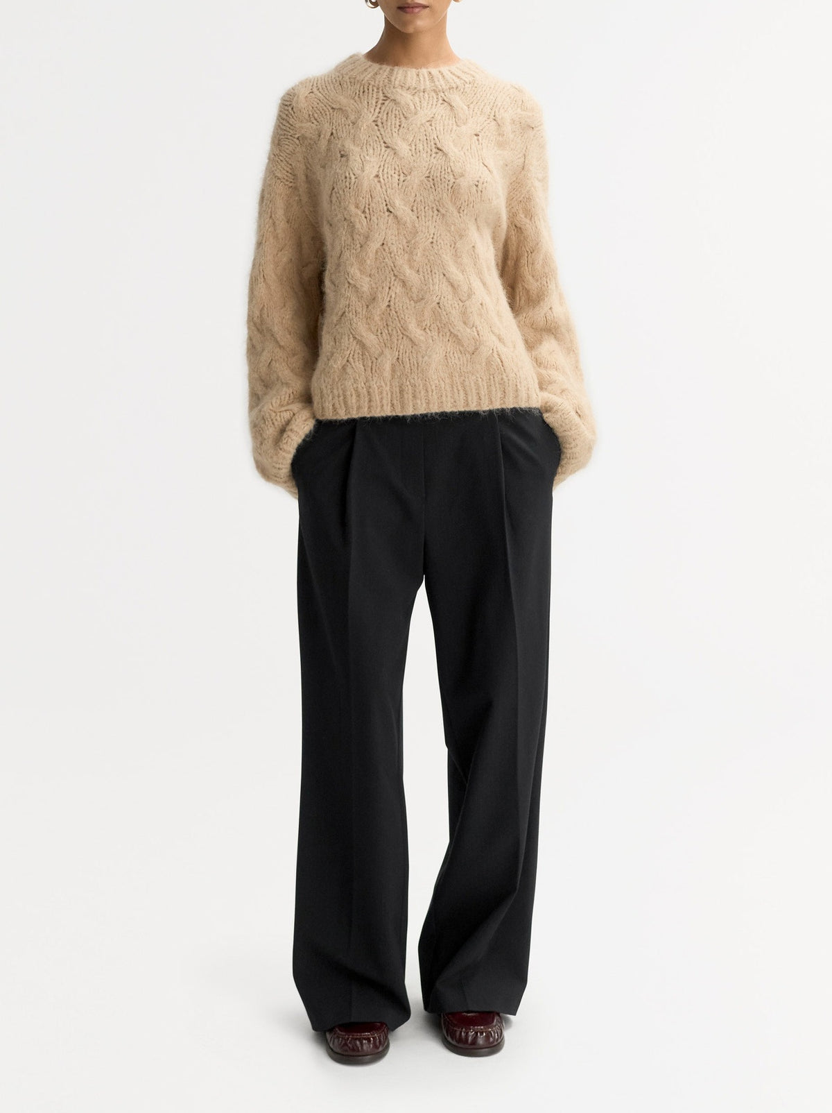 Pull à grosse maille torsadée en laine - Marron