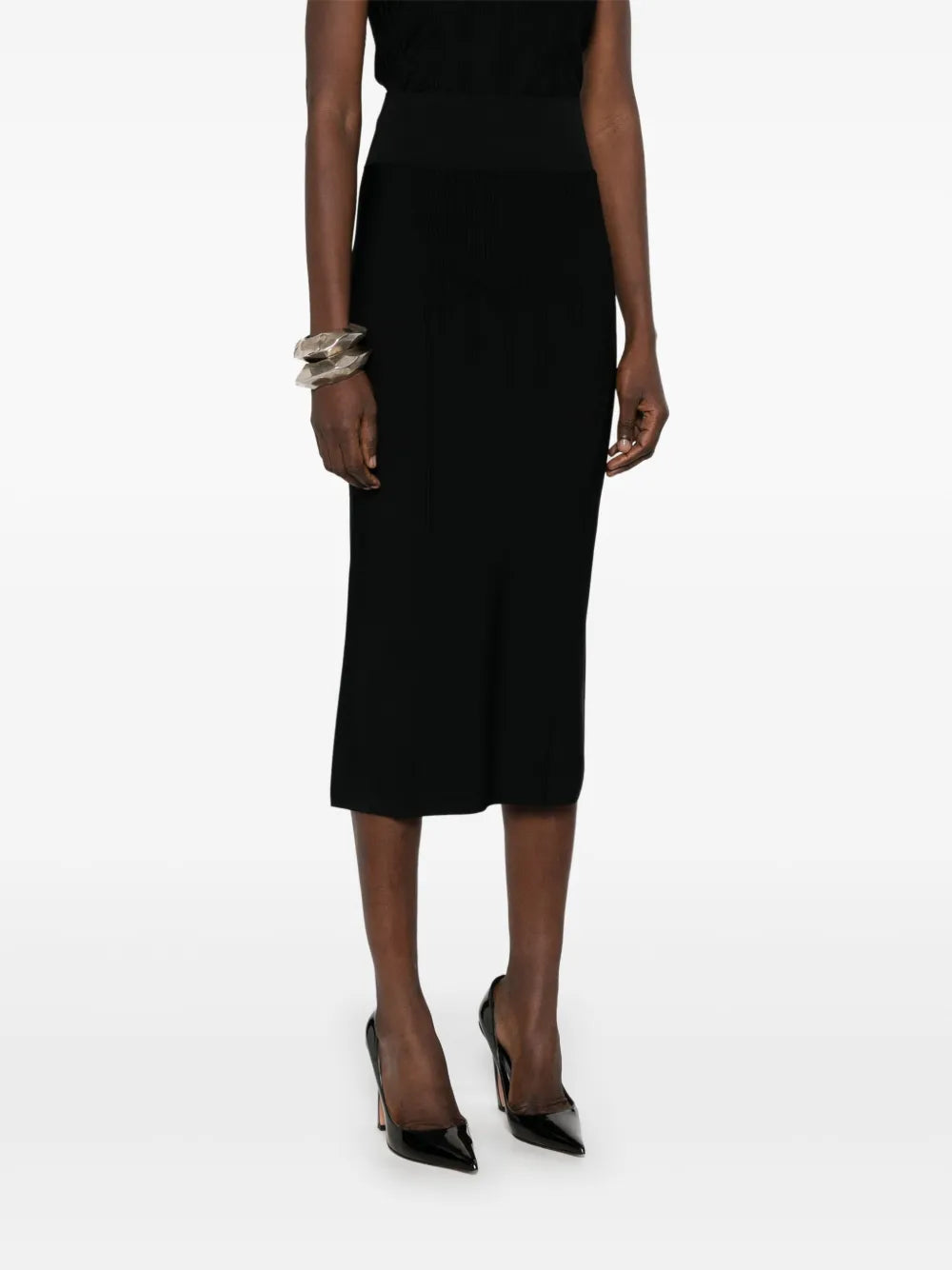 BLACK // black boning detail midi knit skirt