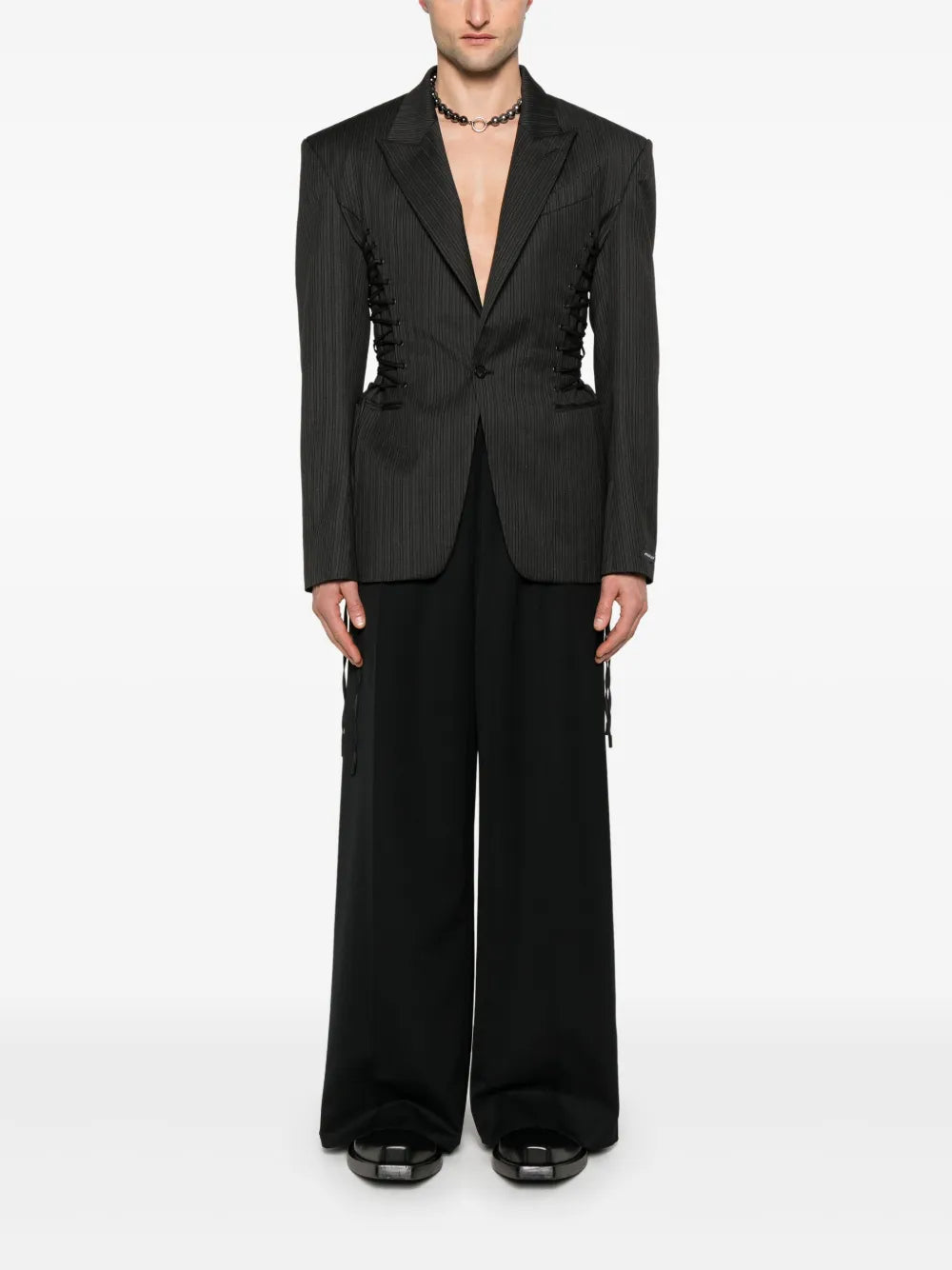 Veste tailleur rayée à lacets en laine - Black on Grey