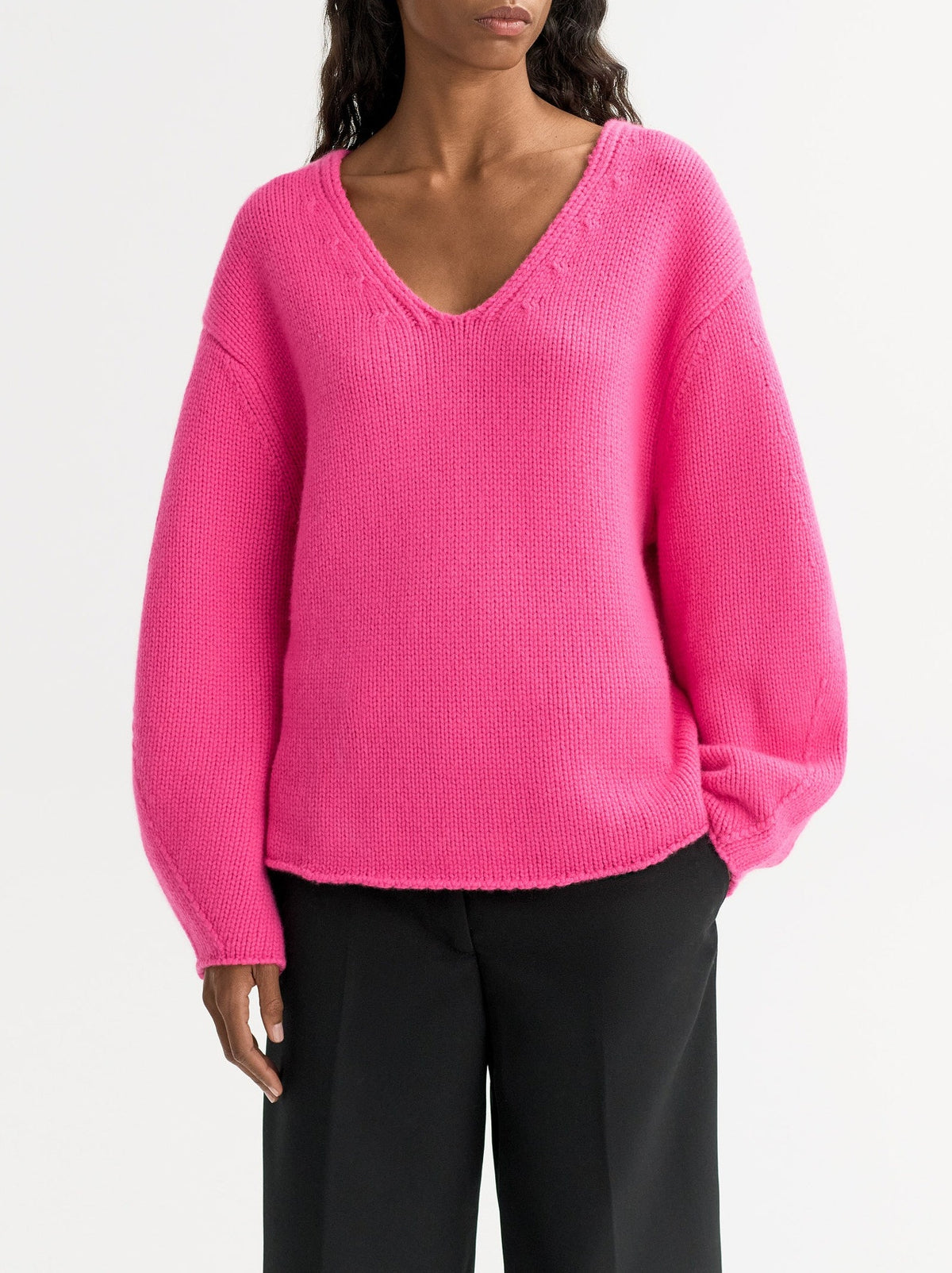 V-neck top with puff sleeves in cashmere - Pink