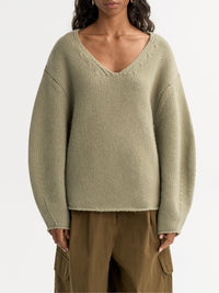 V-neck top with puff sleeves in cashmere - Green