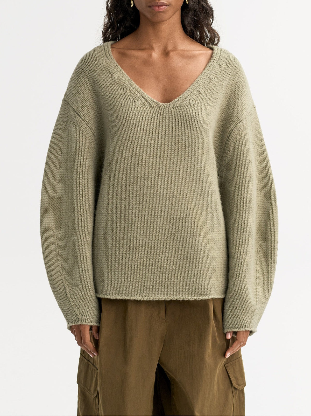 V-neck top with puff sleeves in cashmere - Green
