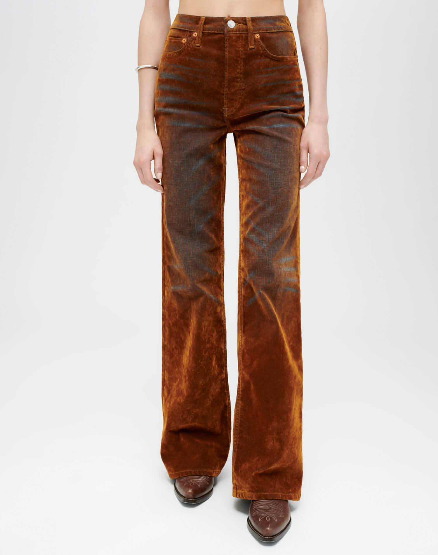 Ultra high waist 70's wide flare jeans - Distressed Amber Flock