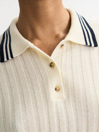Striped cashmere polo shirt - White