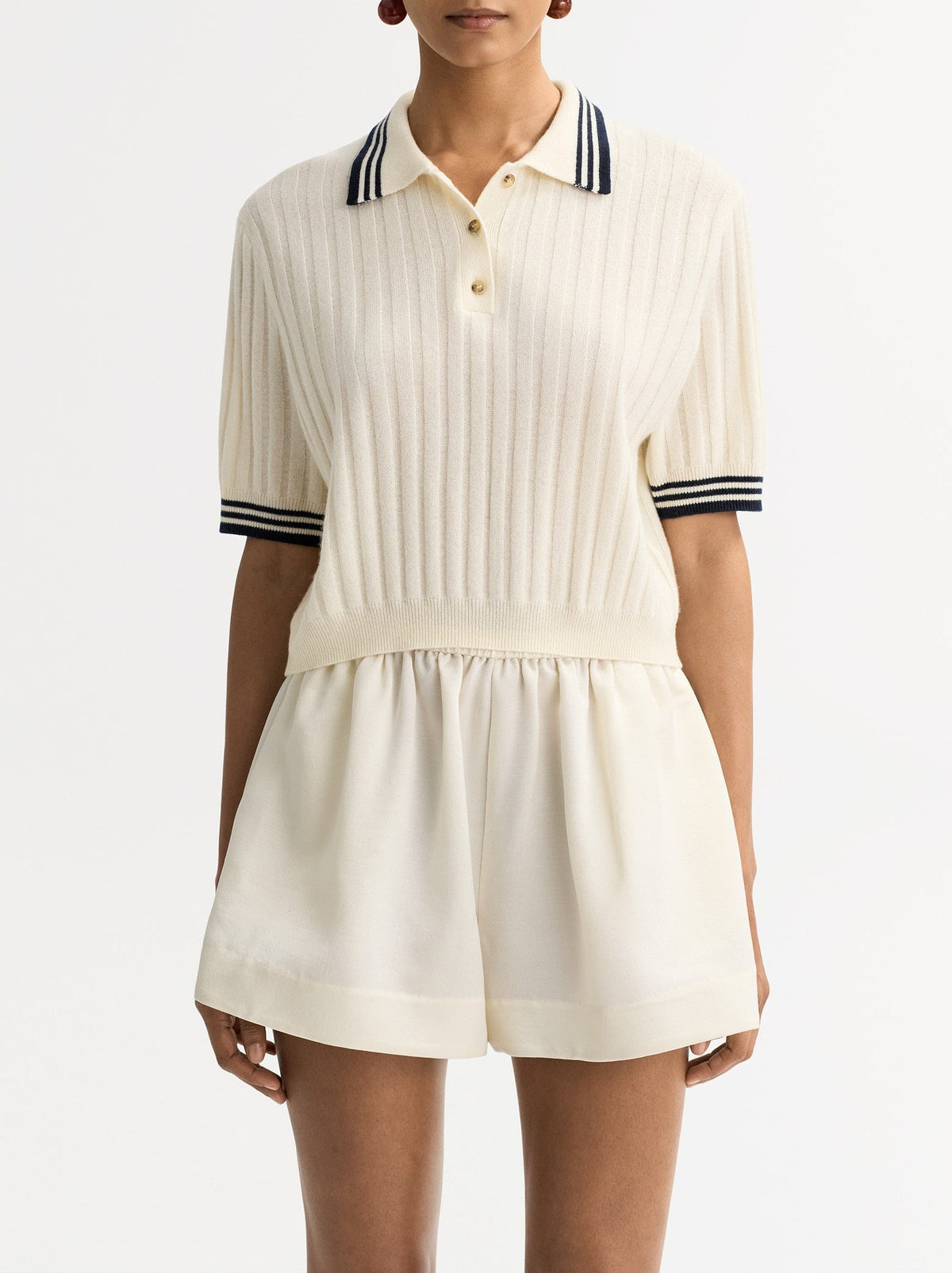 Striped cashmere polo shirt - White