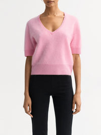 Brushed cashmere V-neck T-shirt - Pink
