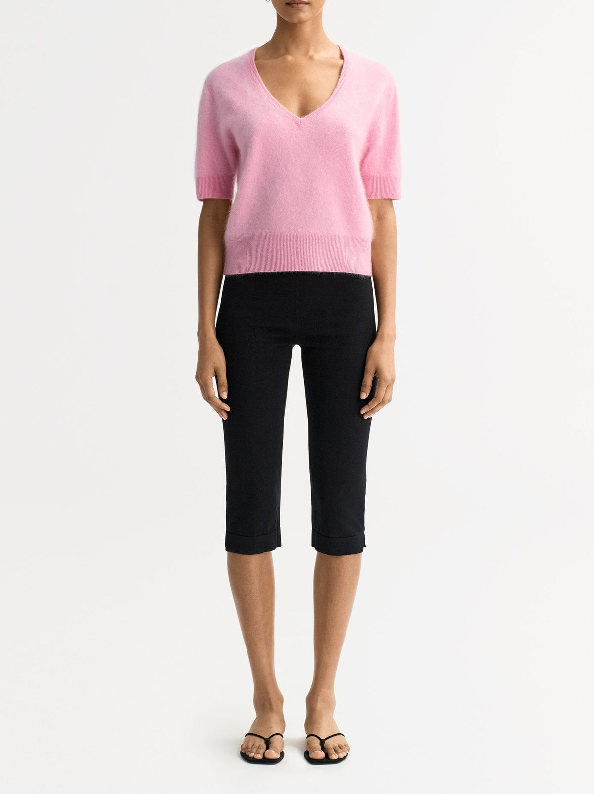 Brushed cashmere V-neck T-shirt - Pink