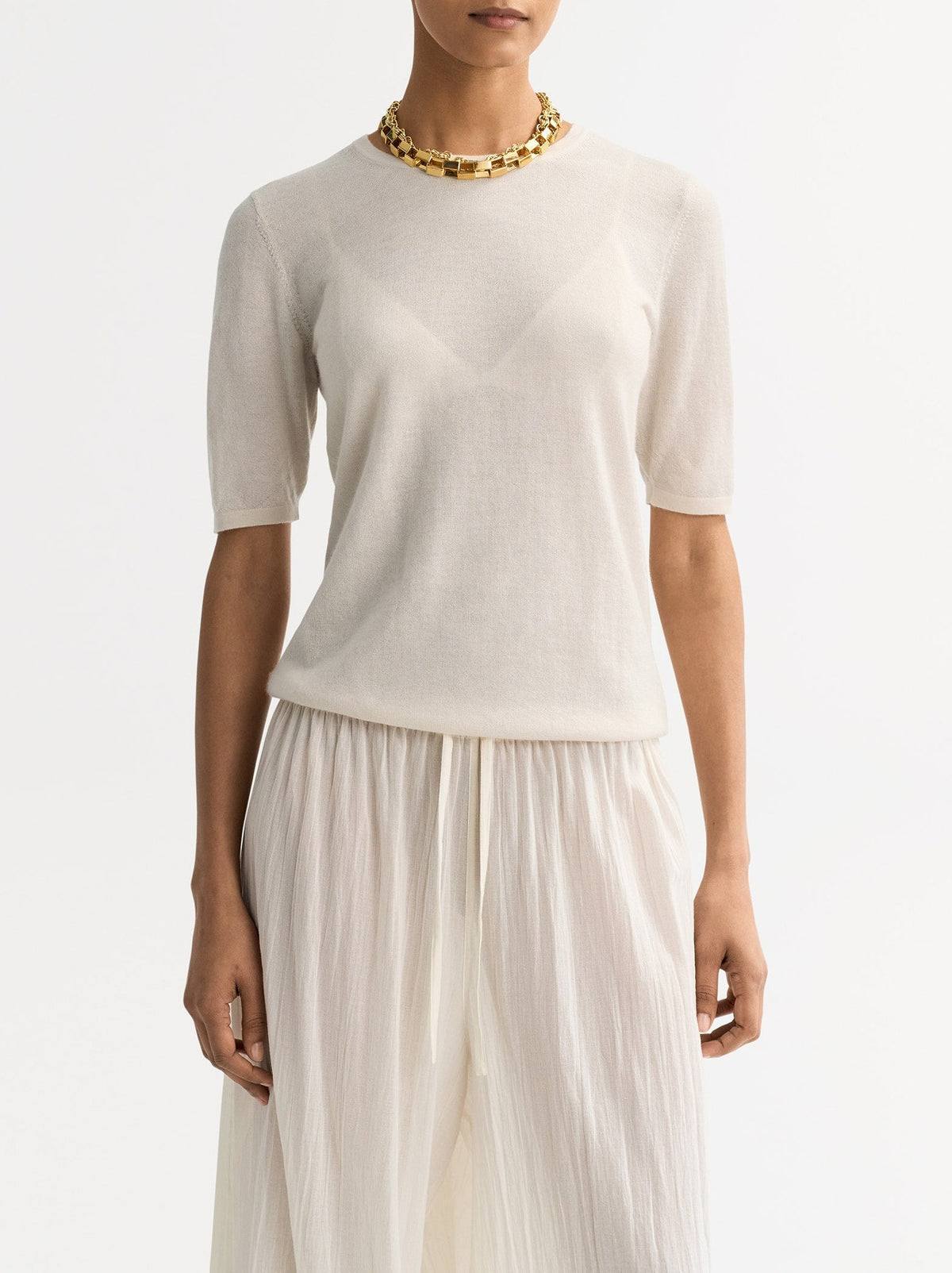 Featherlight short-sleeved cashmere top - Beige