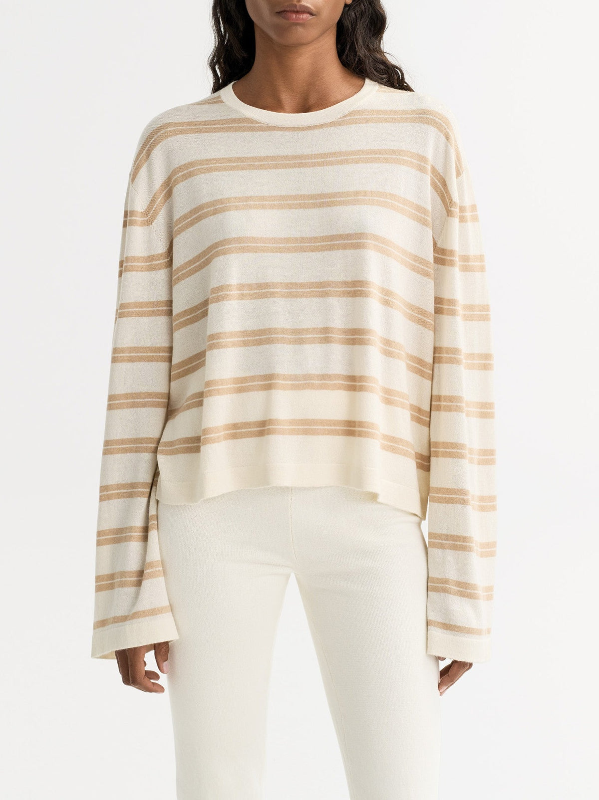 Pull col rond en soie et cachemire mélangé - Beige