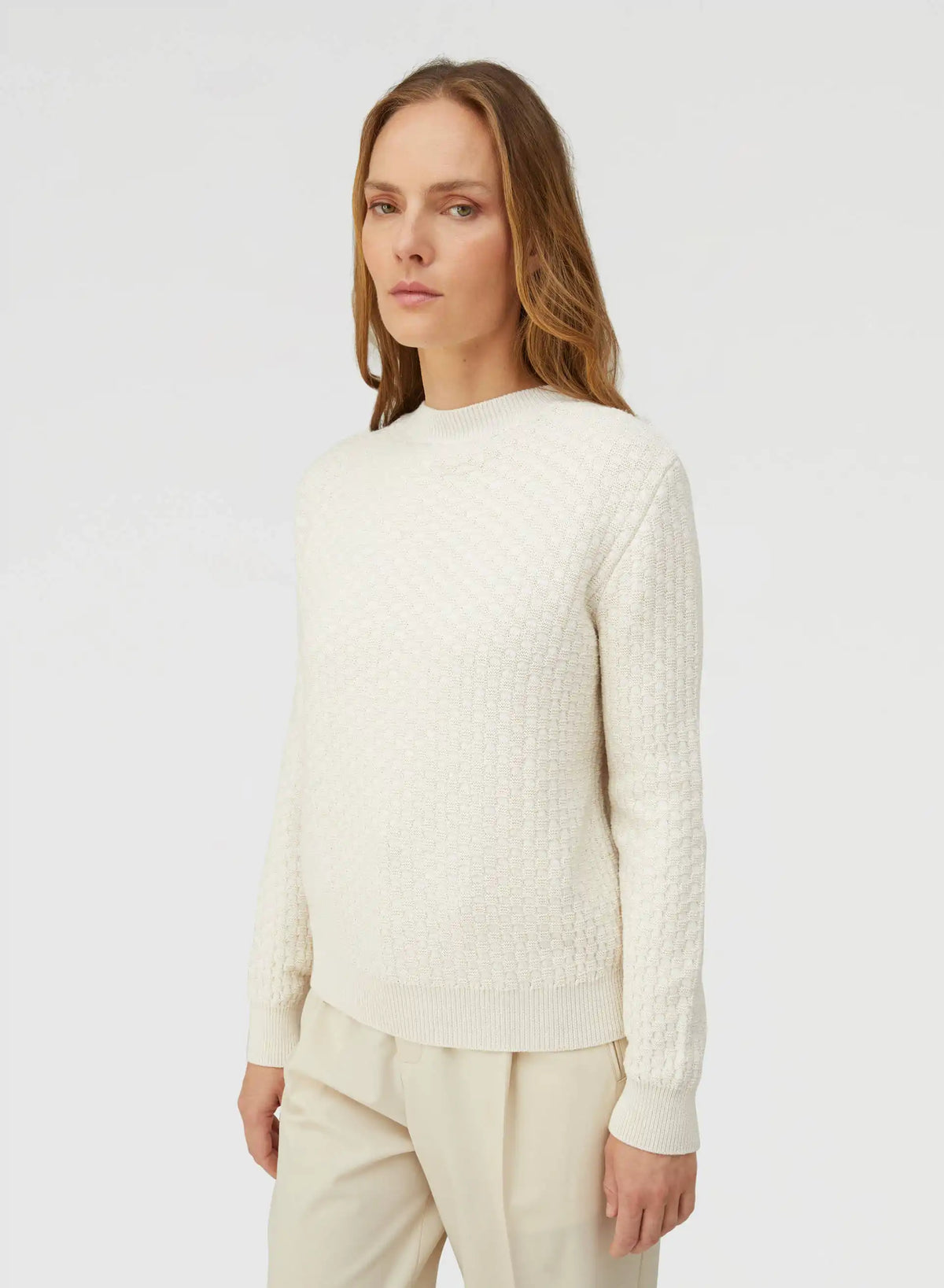 IVORY DAMIER WOOL AND SILK JACQUARD CREWNECK