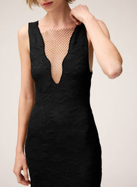 BLACK JACQUARD KNIT DRESS WITH NET DETAIL
