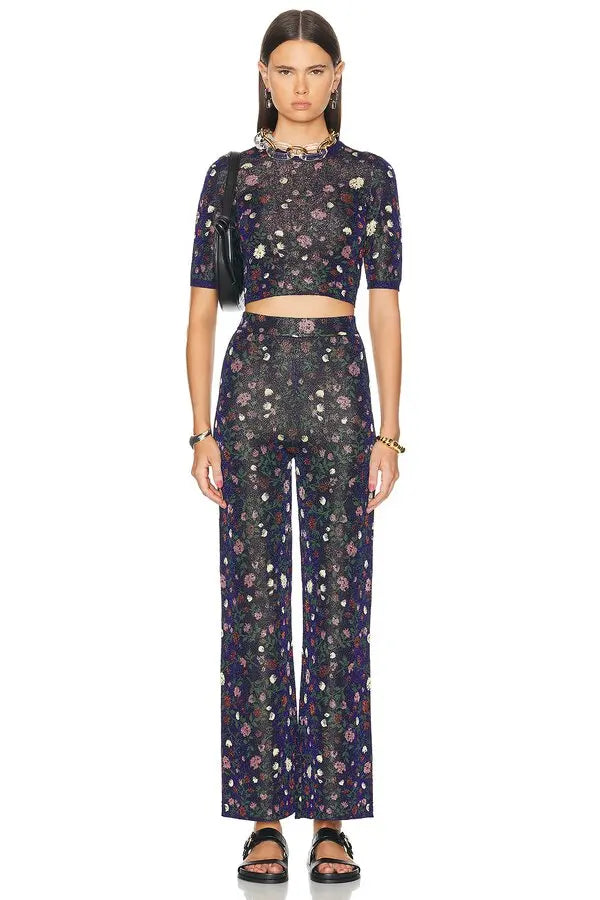 Pantalon évasé à imprimé - Silver Floral Jacquard
