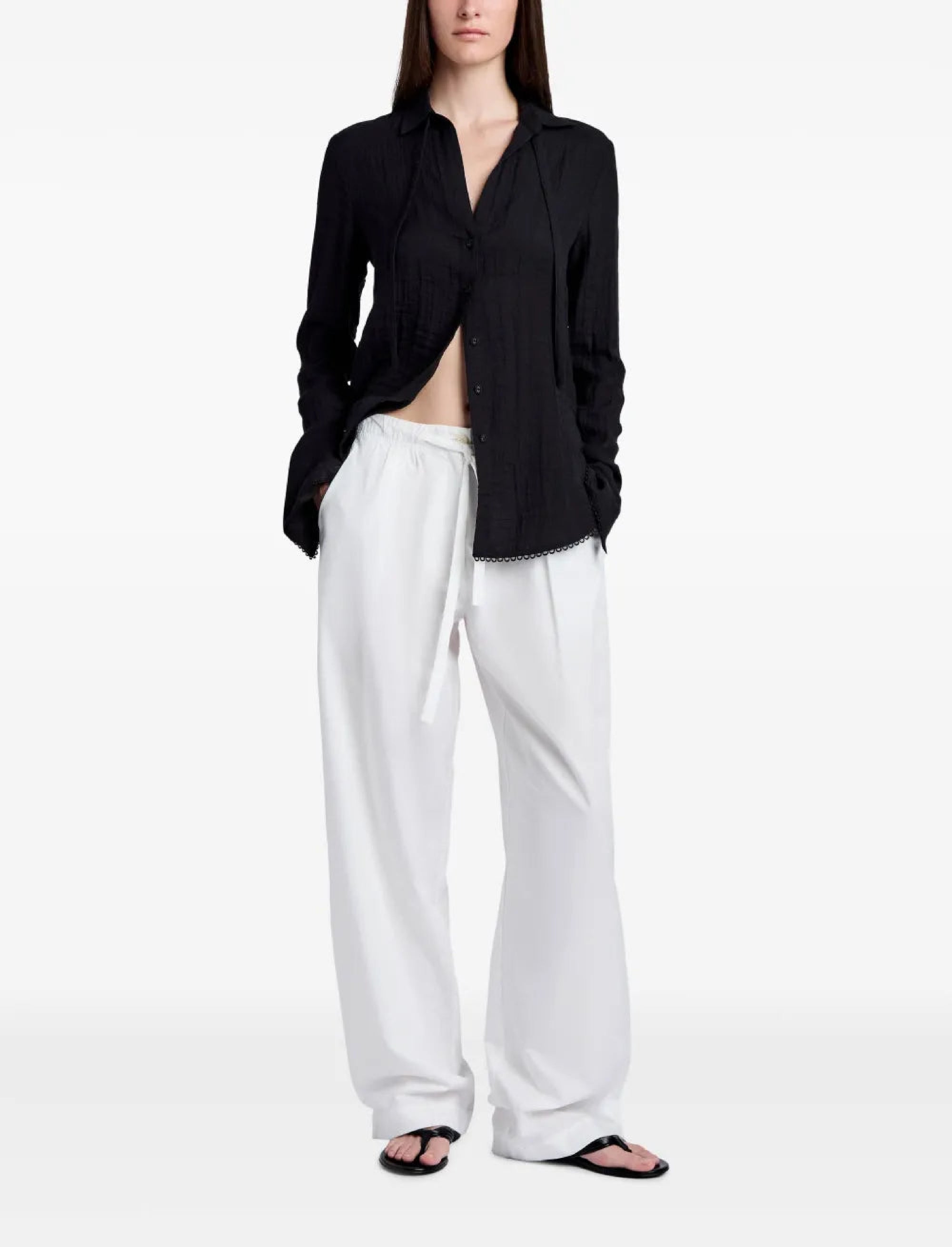 Drawstring blouse with scalloped hem - Black