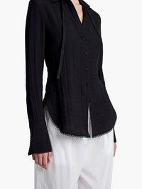 Drawstring blouse with scalloped hem - Black