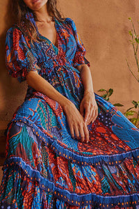 Robe longue Léopard cool à volants - Bleu
