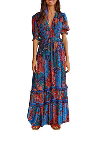 Robe longue Léopard cool à volants - Bleu