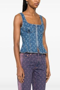 Moon Laser Denim Bustier Top - Bleu