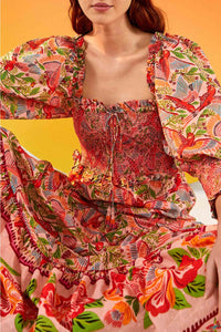 Robe midi Macaw Flight à manches bouffantes en coton - Rose