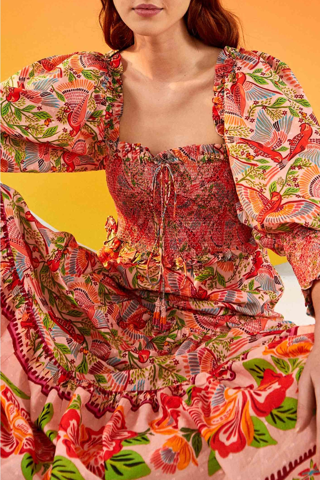 Robe midi Macaw Flight à manches bouffantes en coton - Rose